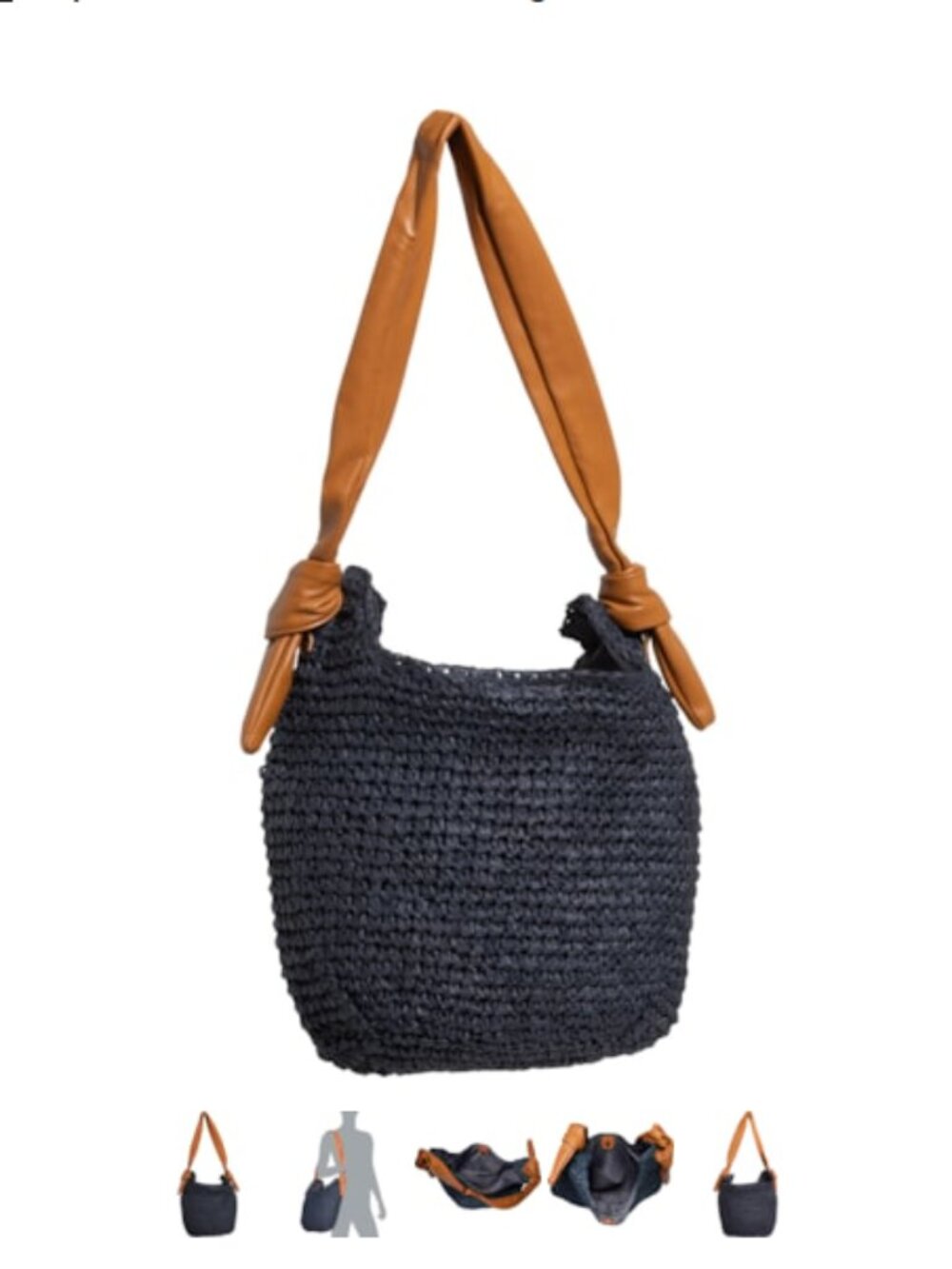 ANTIK KRAFT Women's Paper Straw Mini Bucket Bag Blue Camel Brown NWT Shoulder